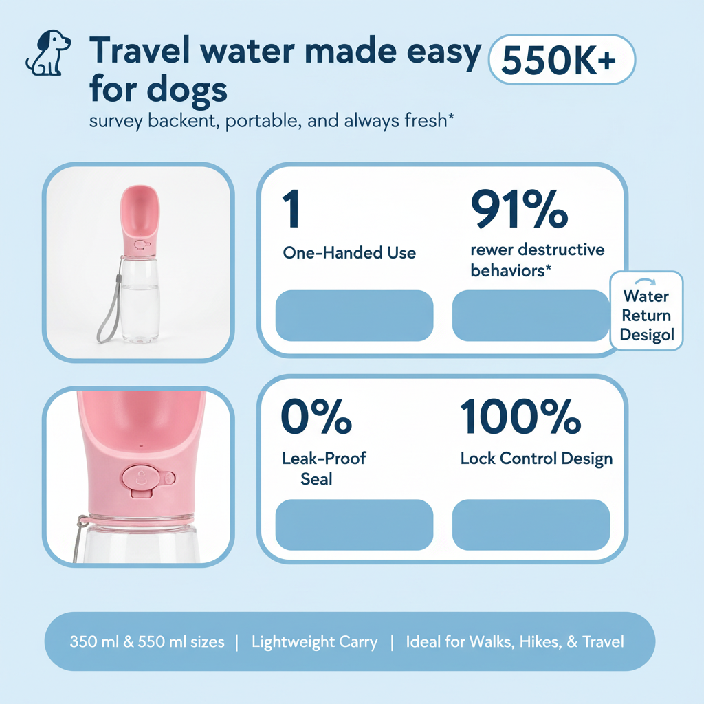 Zenify Dog Travel Water Bottle for Dogs Leak Proof No Spill Lead Leash Waterer Feeder Accessory Puppies Drinking Pets Accessories Alternative to Dispenser Portable Pet Bowl Large (550ml (M/L), Pink)