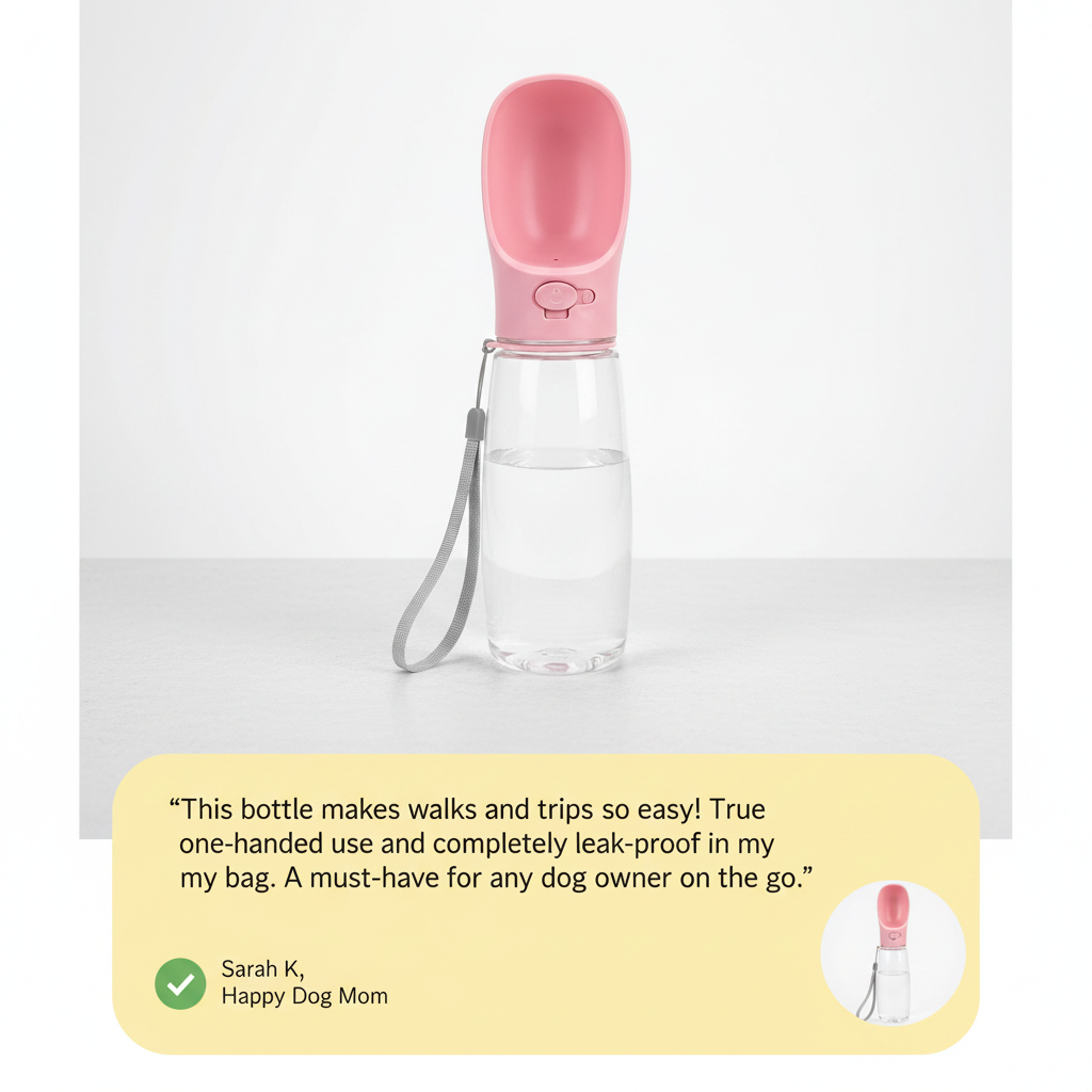 Zenify Dog Travel Water Bottle for Dogs Leak Proof No Spill Lead Leash Waterer Feeder Accessory Puppies Drinking Pets Accessories Alternative to Dispenser Portable Pet Bowl Large (550ml (M/L), Pink)