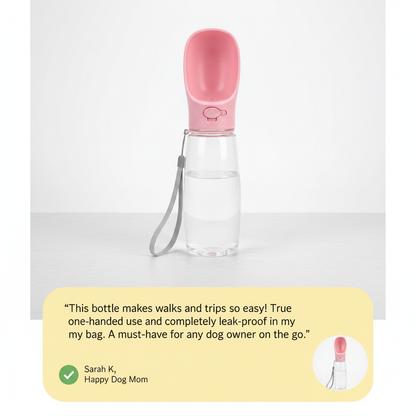 Zenify Dog Travel Water Bottle for Dogs Leak Proof No Spill Lead Leash Waterer Feeder Accessory Puppies Drinking Pets Accessories Alternative to Dispenser Portable Pet Bowl Large (550ml (M/L), Pink)
